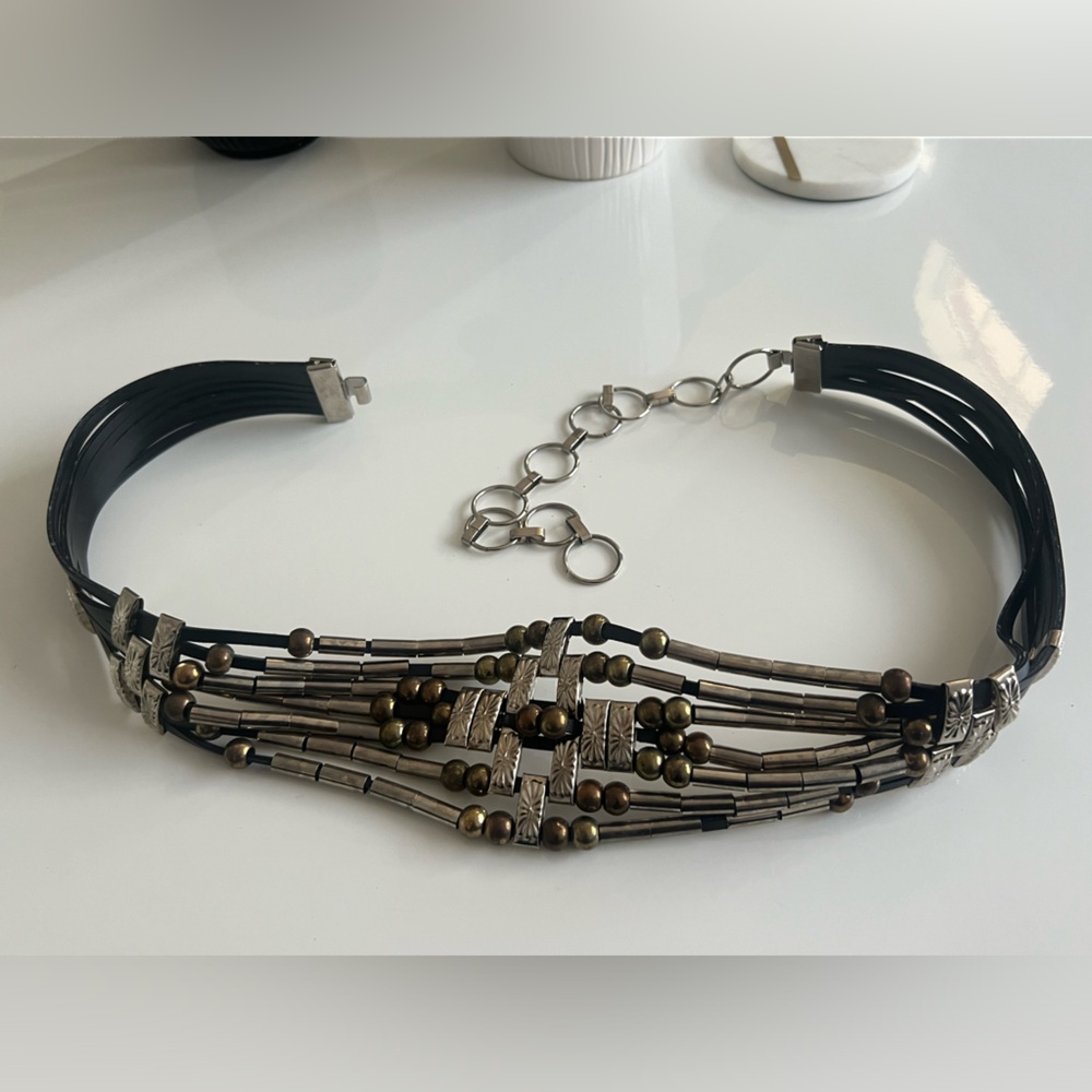Vintage 80s Boho Gold & Silver Layered Beaded Black Belt Brutalist M/L Y2K